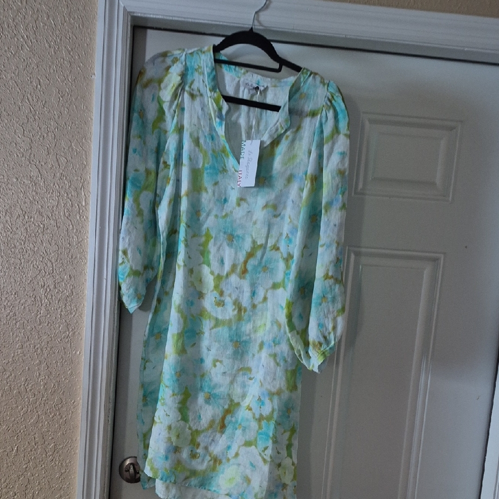 Blue and Green Long Sleeve Linen Dress